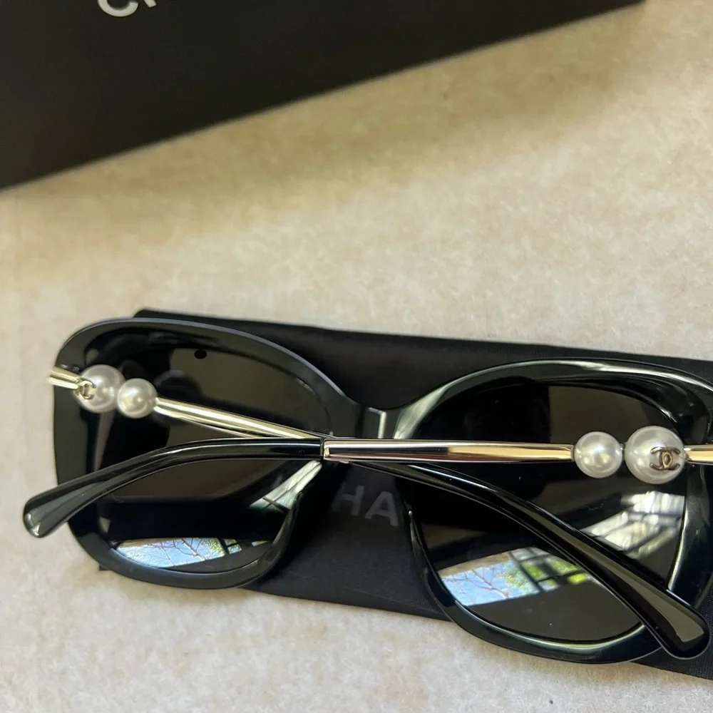 Chanel Black Square Sunglasses with Pearl Detail